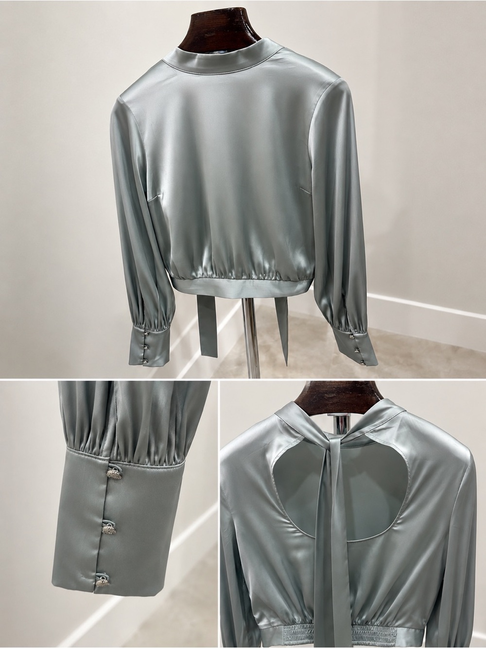 Express Silver Satin Long-Sleeve Cropped Blouse